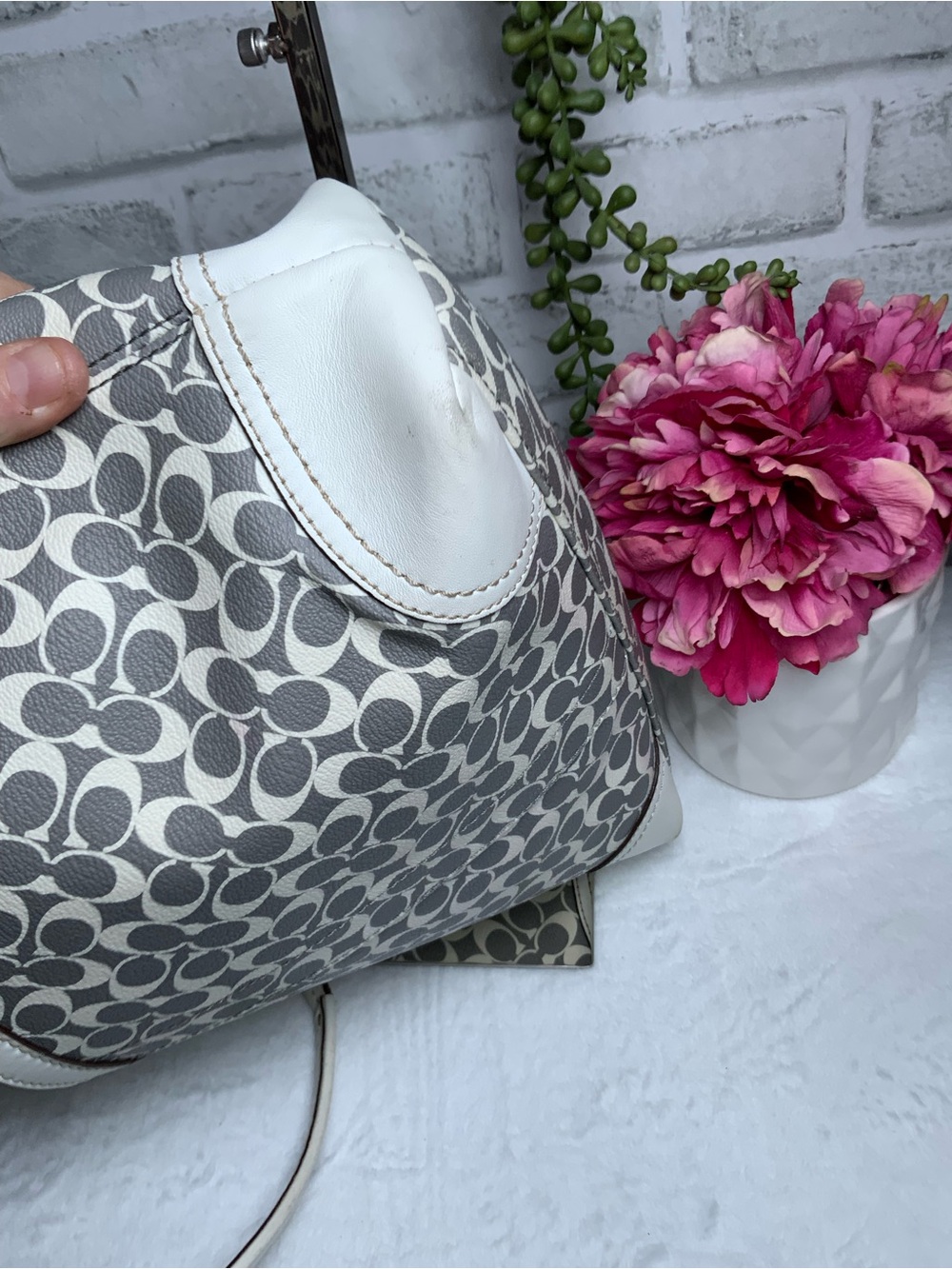 Coach Gray Signature Tote with Pink Center Stripe - Picture 13 of 13